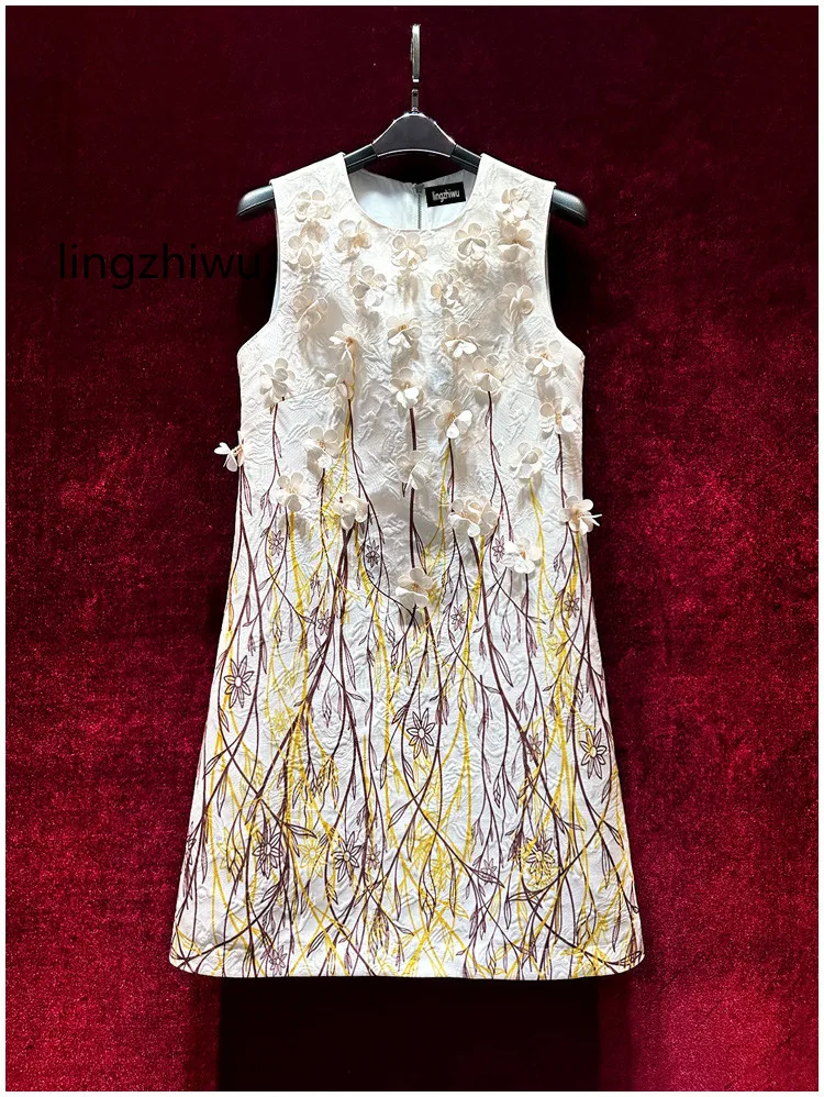 

lingzhiwu Jacquard Dress Handmade Three-Dimensional Flower Design Sleeveless A-Line Dresses Top Quality Exquisite New Arrive