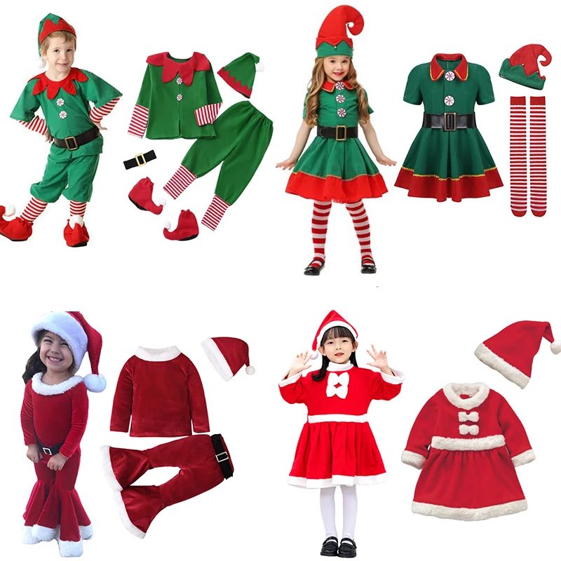 2025 New Year Green Elf Girls christmas Costume Festival Santa Claus for Girls Chilren Clothing Fancy Dress Xmas Party Dress