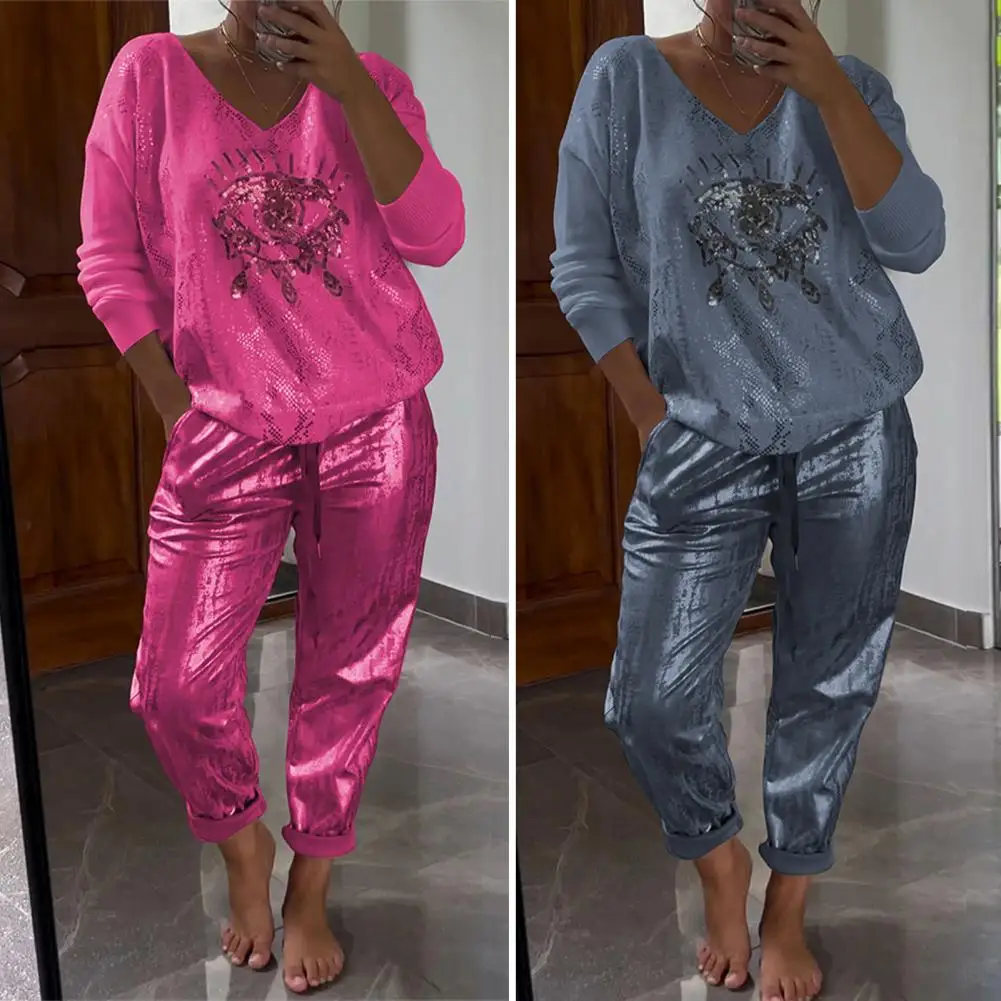 Loose Fit Women Suit Women's Bronzing Loose Glossy Top Elastic Waist Pants Set with Side Pockets Casual Sport Clothes for Daily