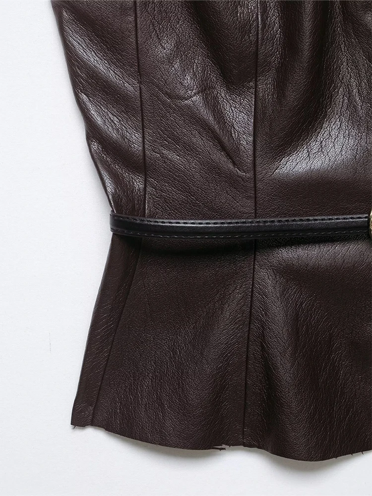 HH Vintage Women's Leather Suits 2026 Spring Summer Round Neck Belted Vest Top+Front Split Long Skirts Female Two-Piece Set view 6