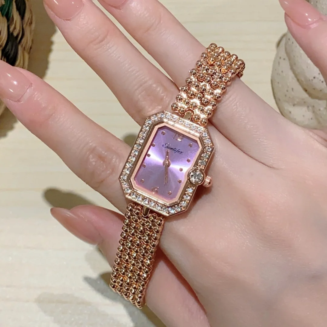 Sunlifex Women Square Watch Luminous Diamond Quartz Wristwatch Fashion Bracelet Clock Rose Gold Ladies Watches Bezel Reloj