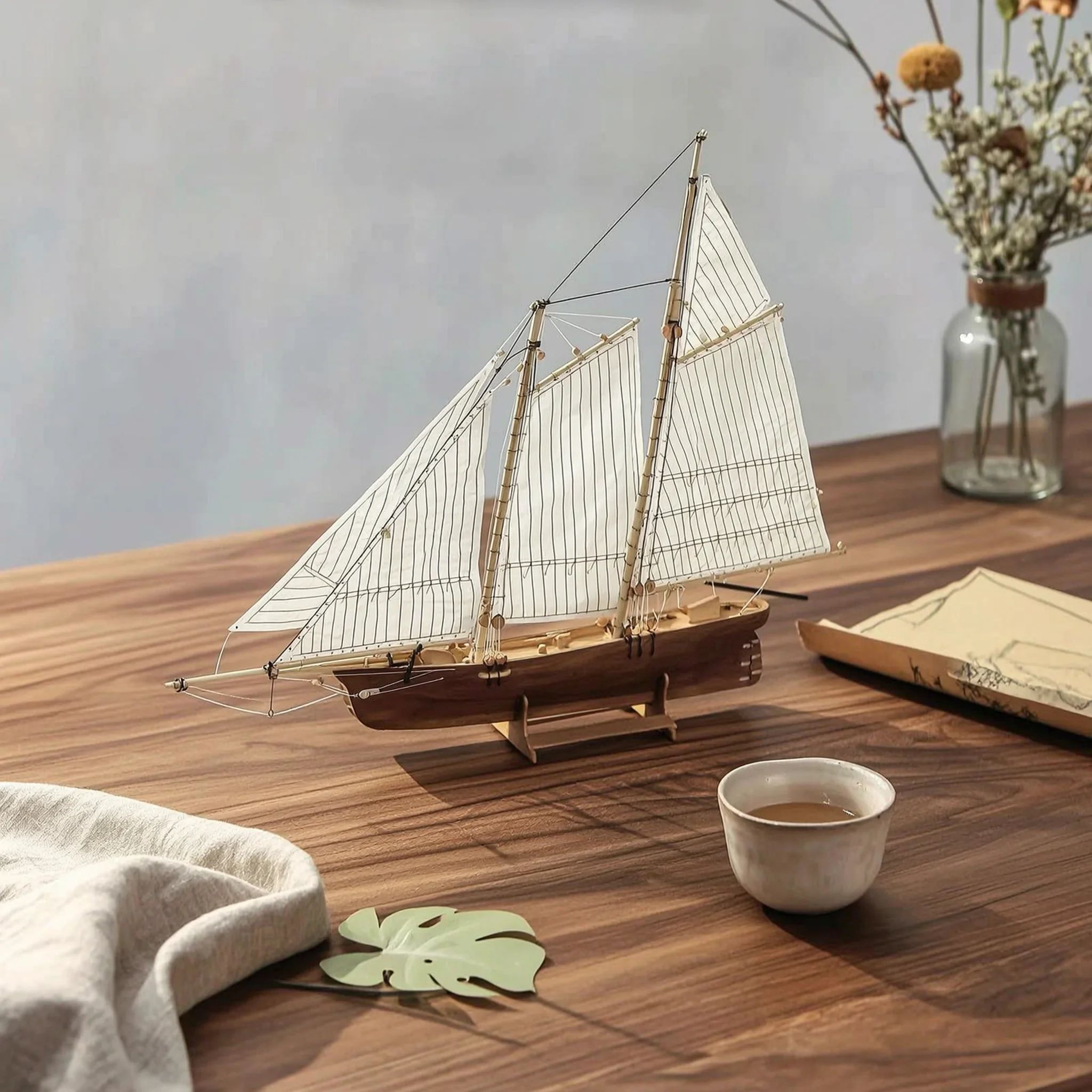 Wooden Sailboat Kit 1:66 Scale Ship Model Kit with Stand Sailing Boat Model Self-Assembled Decor for Hobbyists, Display Cabinet