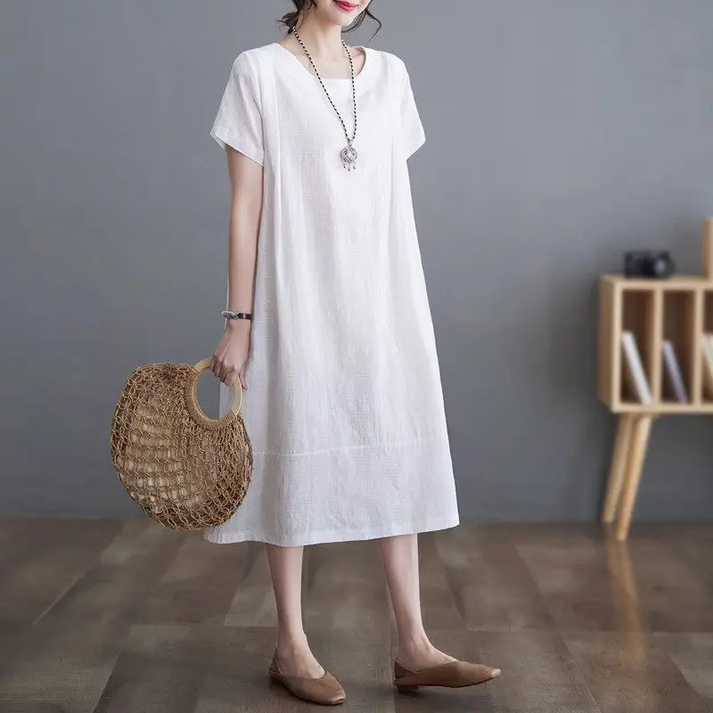 Übergroßes Jacquard-Kurzarmkleid für Damen im Sommer 2025, Sommer |   Atmungsaktives Midi-Freizeitkleid mit lockerer Passform |   Blumenstickerei G749