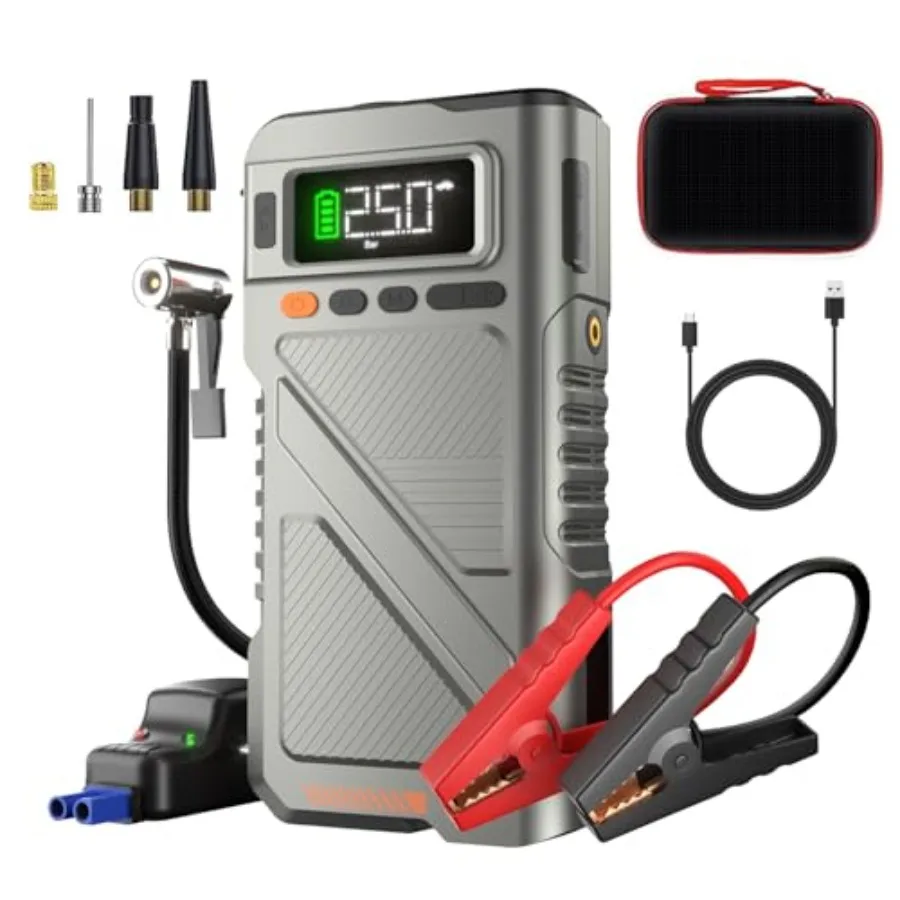 

9000A Jump Starter with Air Compressor Car Charger Portable Jump Box for Car with 150PSI Tire Inflator Power Pack Jumpstart 12V