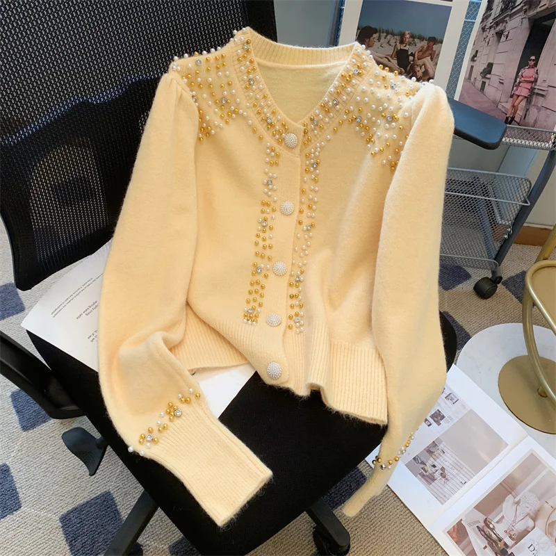 Chic Studded Diamond Sweet Women'S 2024 Autumn Winter New Round Neck Single Breasted Short Sweater Knitted Cardigan Coat 2000s