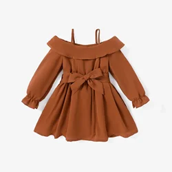 PatPat Toddler Girl Solid Belted Ruffled Off-Shoulder Slip Dress Soft and Comfortable Perfect for Outings and Daily Wear