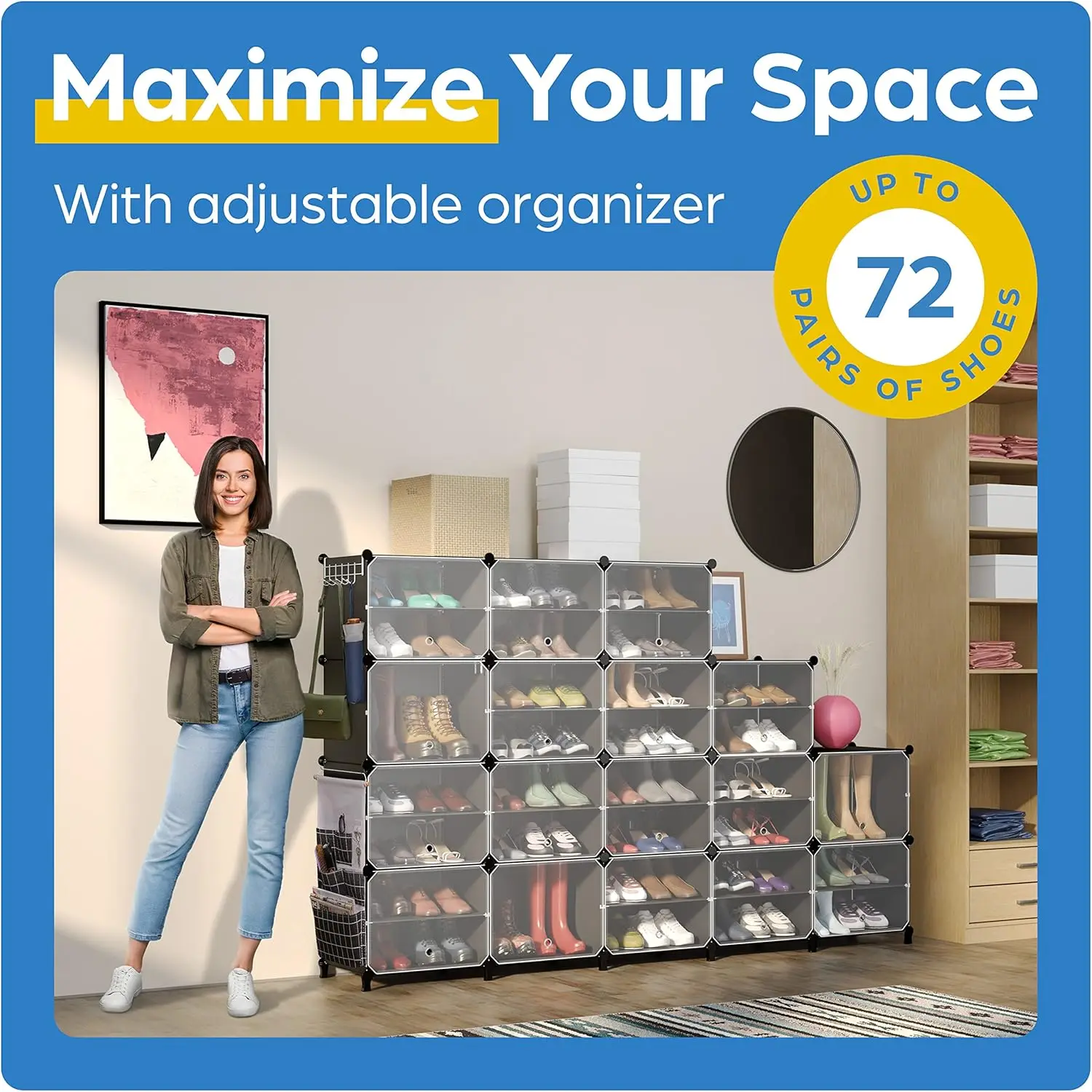 Shoe Organizer Cabinet Up To 72 Pairs, Shoe Closet-Covered Shoe Rack With See-Through Door (Clear, Plastic, Stackable) Cubby