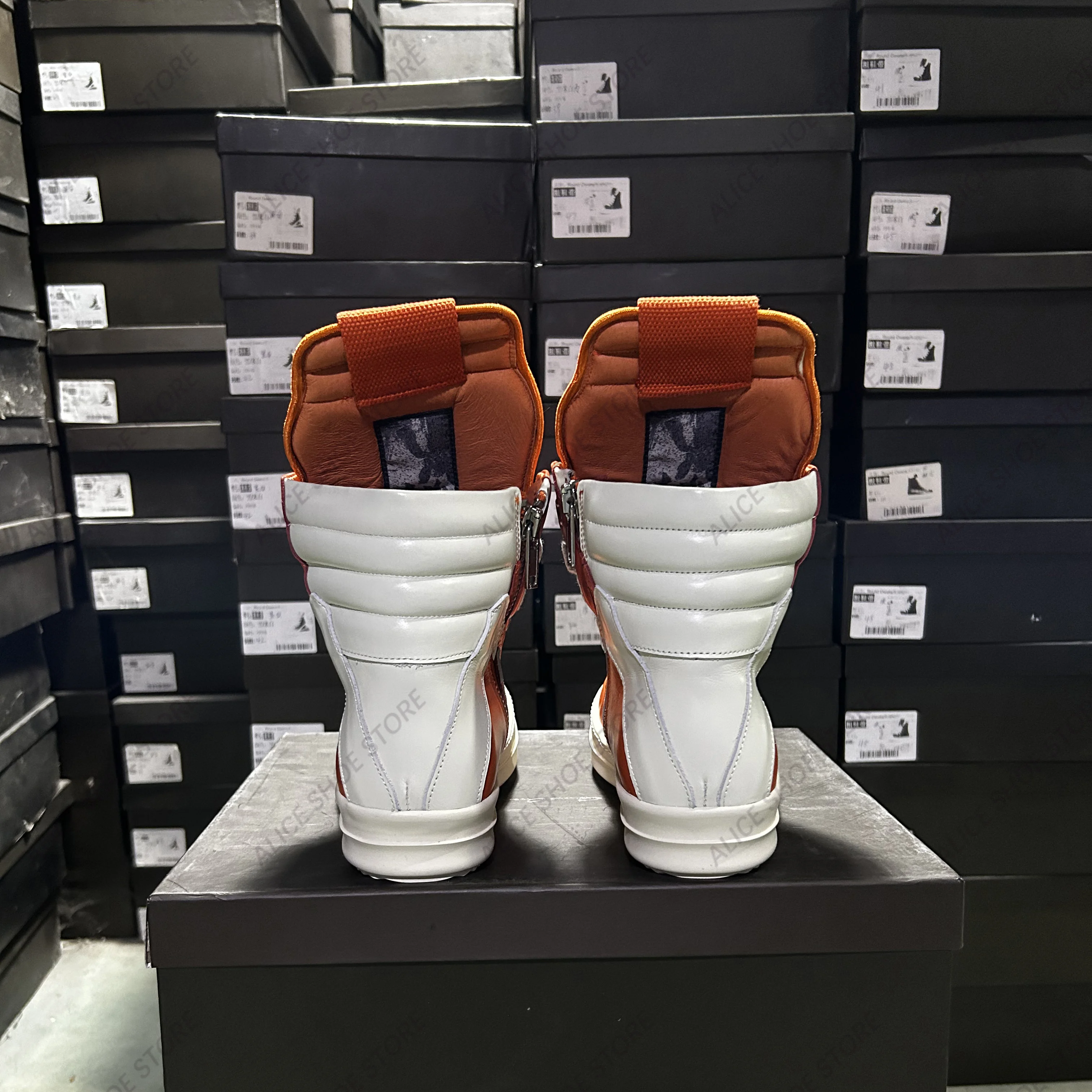 Ricks casual masculino tornozelo bota alta superior feminino tênis de qualidade designer laranja couro owens jumbo rendas rua plana sapato de sola grossa