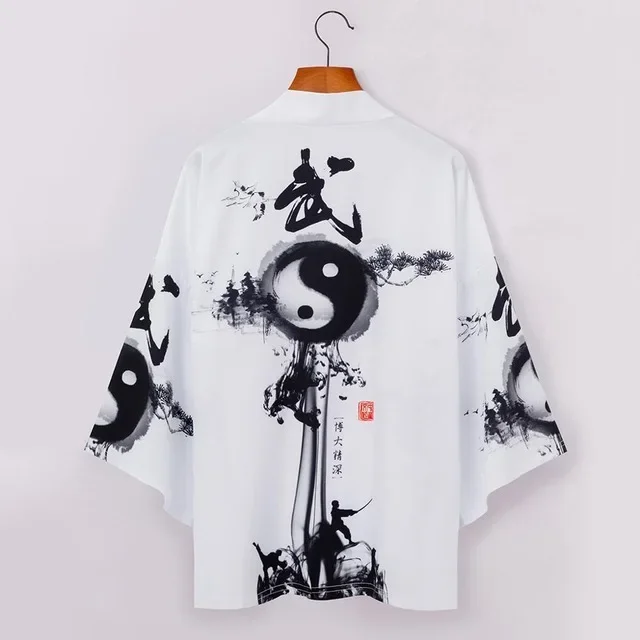 Vintage Chinese Style Ink Wash Martial Arts Yin Yang Haori Summer Casual Breathable Half Sleeve Kimono Cardigan Tops