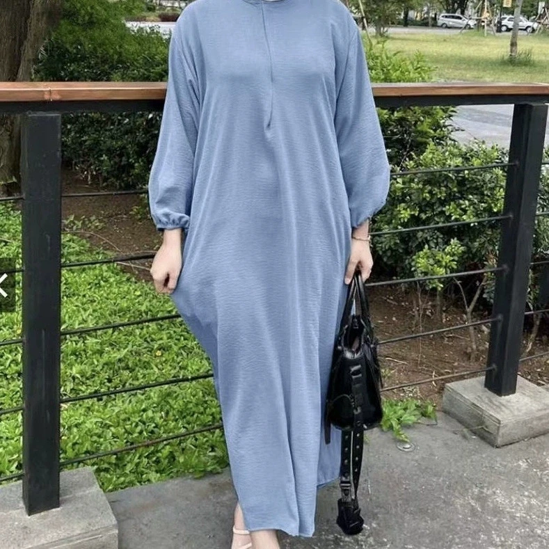 Middle Eastern Muslim Luxury Fashion New Women's Bubble Sleeve Solid Color Tank Top Robe Women's Casual Loose Long Dress