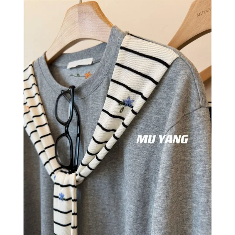 

Shawl Loose Autumn Fashion Versatile Fake Two-piece Top T-shirt Women's Long-sleeved Embroidered Striped