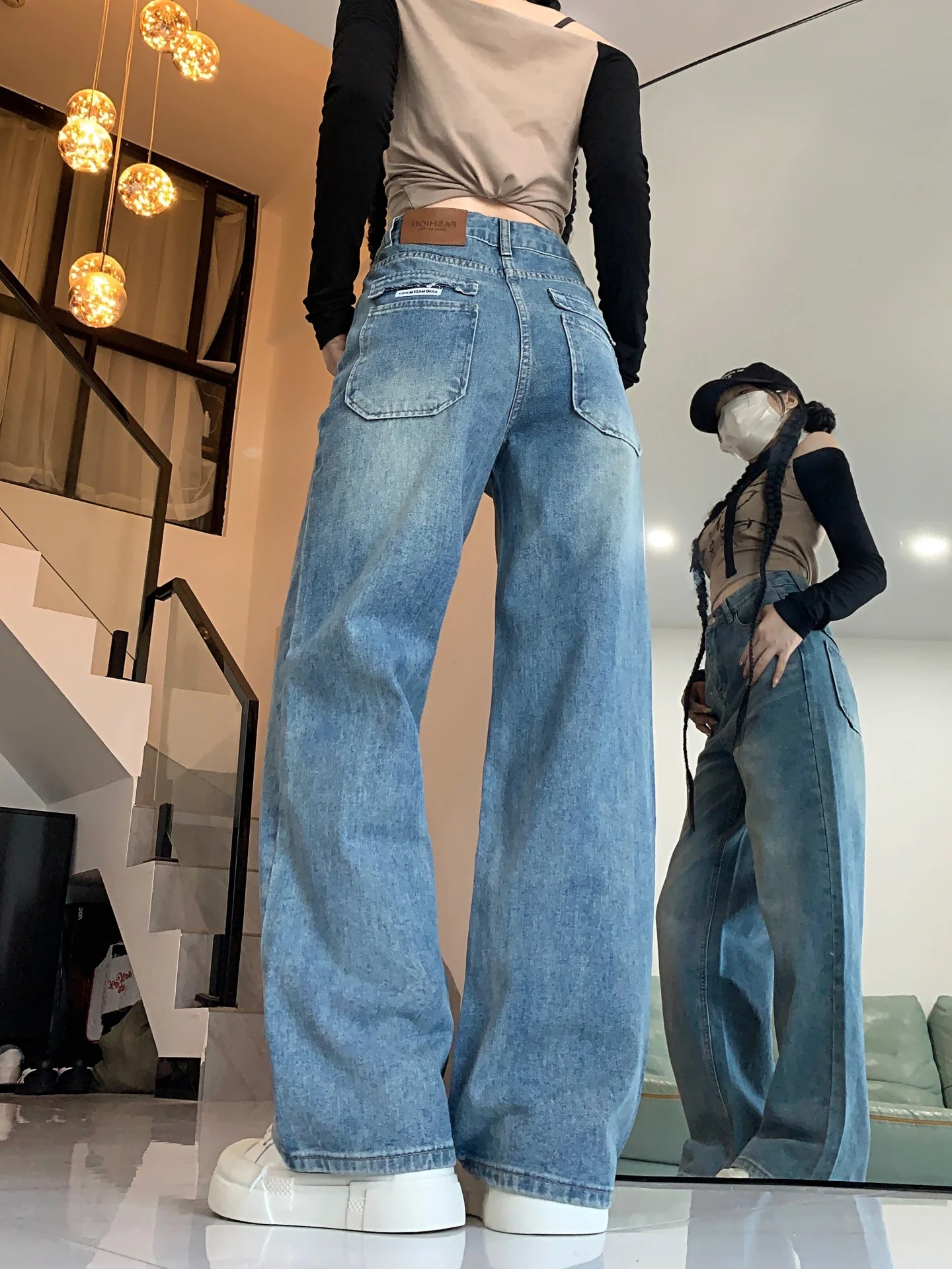 

High Waist Wide Leg Jeans Women's Straight Cut Loose Fit Denim Pants Fall Casual Wear Resistant American Sle Pear ape Body