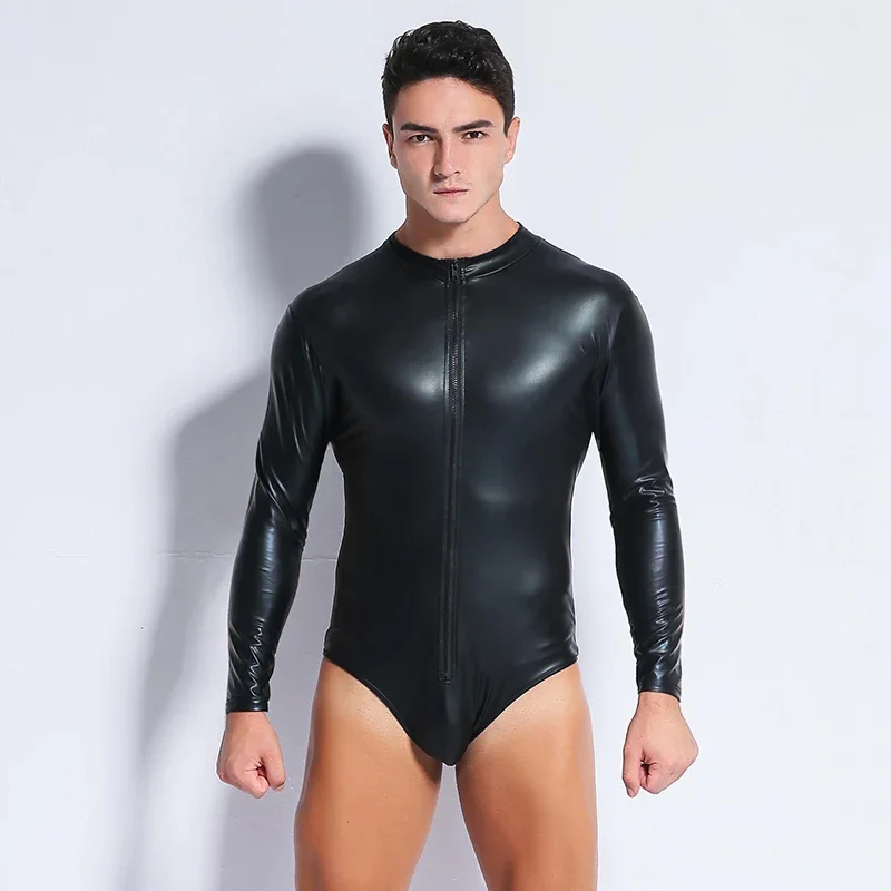

Sexy Men Zipper Faux Leather Tights Bodysuit Black Long Sleeve Pole Dancing Leotard Tight Body Jumpsuit Club Stage Costumes