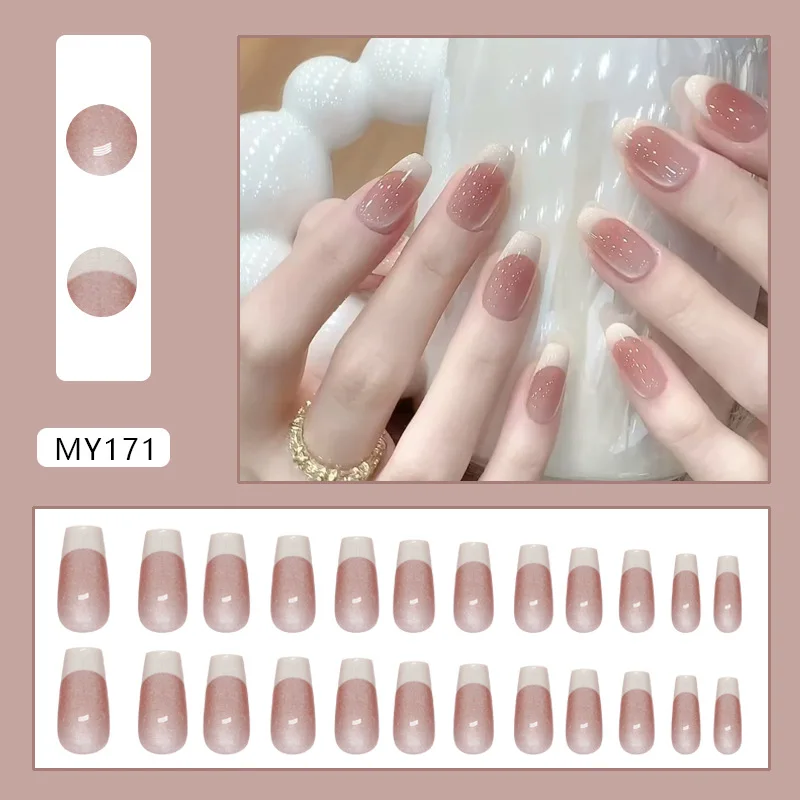 24 szt. Średnie Sztuczne Paznokcie z Ozdobami Proste Nude Kocie Oko Paznokcie Dociskane Francuskie Trumienki Paznokci Zdejmowane Letnie Paznokcie Samoprzylepne