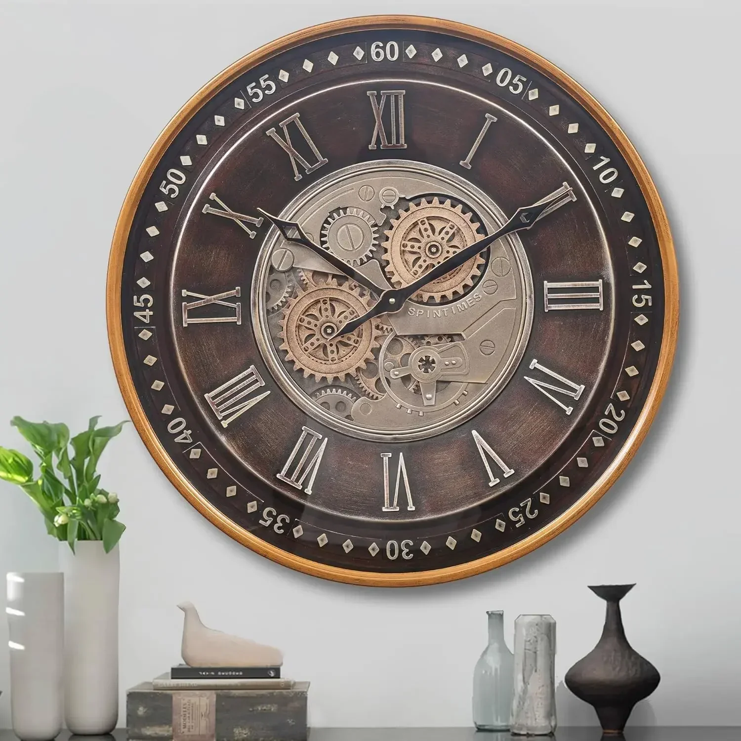 24 Inch Wall Clock with Moving Gears,Oversized Large Industrial Steampunk Wall Clock, Antique Gold Metal Roman Numeral