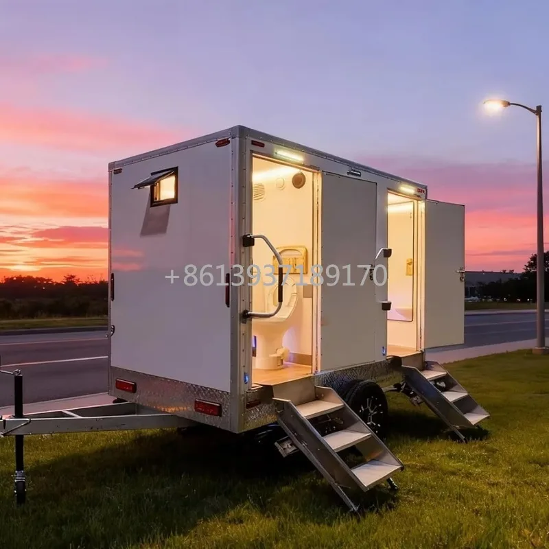 

Mobile Toilet Trailer, Luxury Portable Bathroom Trailer Camp Toilet with Light Wash Sink Waste Tank for Construction Site