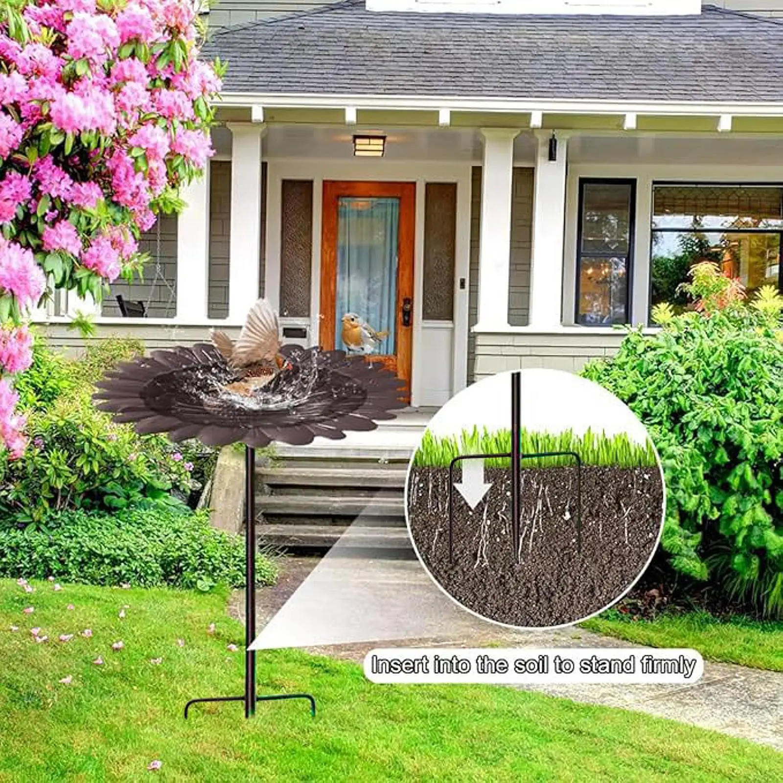 Flower Shaped Birdbath Outdoor Iron Bird Feeder with Stand for Garden Birds Bathing and Drinking