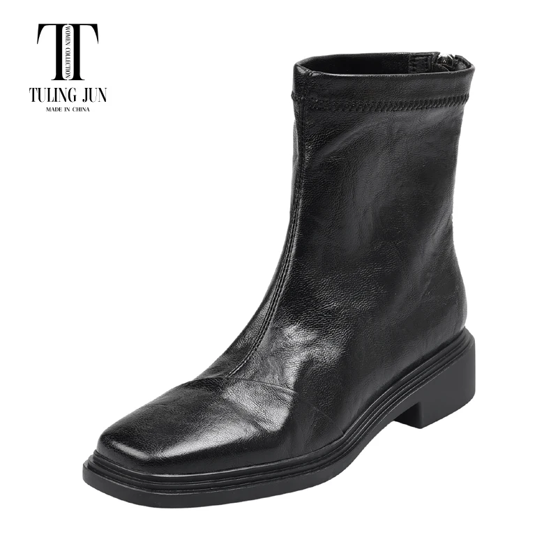 

TULING JUN 2024 Winter Mature Woman Square Head Zip Ankle Stretch Boots Solid Color Med Heels Concise Shoes For Female T-DQ2770W