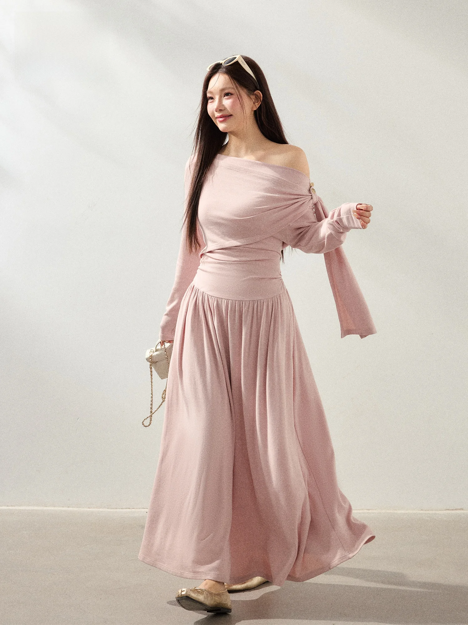 

plus Size Long Dr oulder Bared Waist Designed Wind Water Pink Korean Sle Commute Sle Slimming Gentle Sister Dr