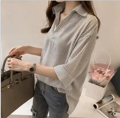 Elegant Stripe Blouses For Women 2024 Fashion V Neck Short Sleeves Office Lady Basic Straight Summer Shirts Casual Holiday Tops