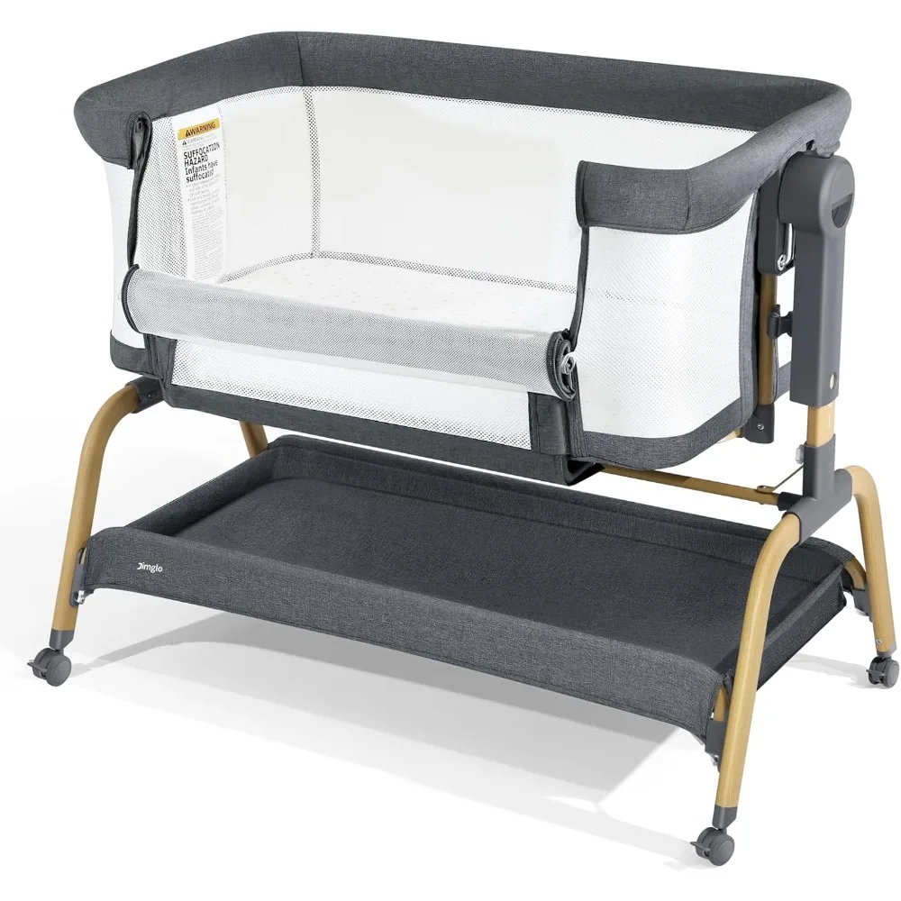 3 in 1 Baby Bassinet, Bedside Bassinet for Baby, Rocking bassinet with Storage Basket and Wheels, Adjustable Height Bassinet