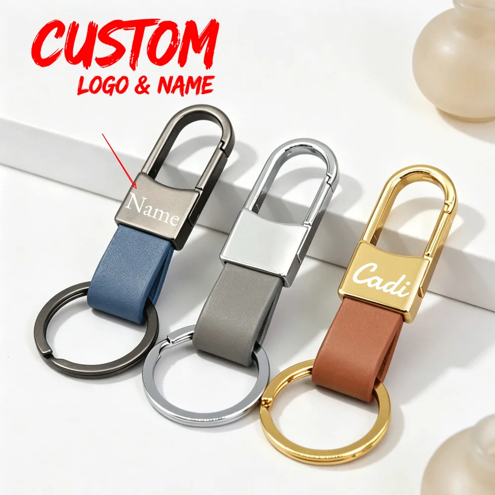 

Finish Minimalist PU Leather Keychain Spring Metal Keyring Engravable Key Chain Ring Custom Logo Car Holder Men Business Gift