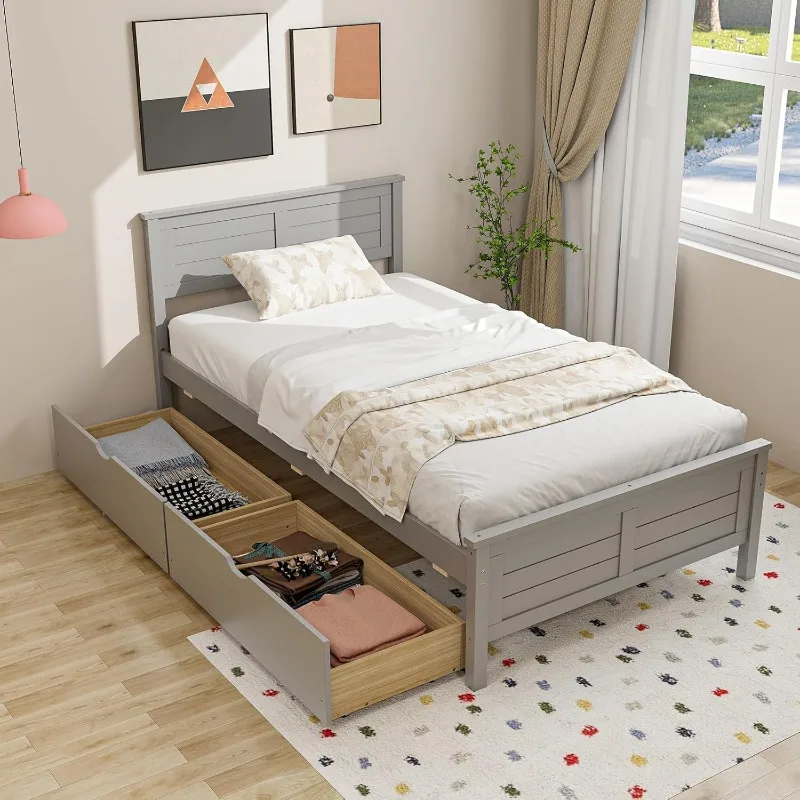 Wood Twin Bed with 2 Storage Drawers, Solid Wood Platform Bed with Headboard, Wooden Slats Support Mattress Foundation