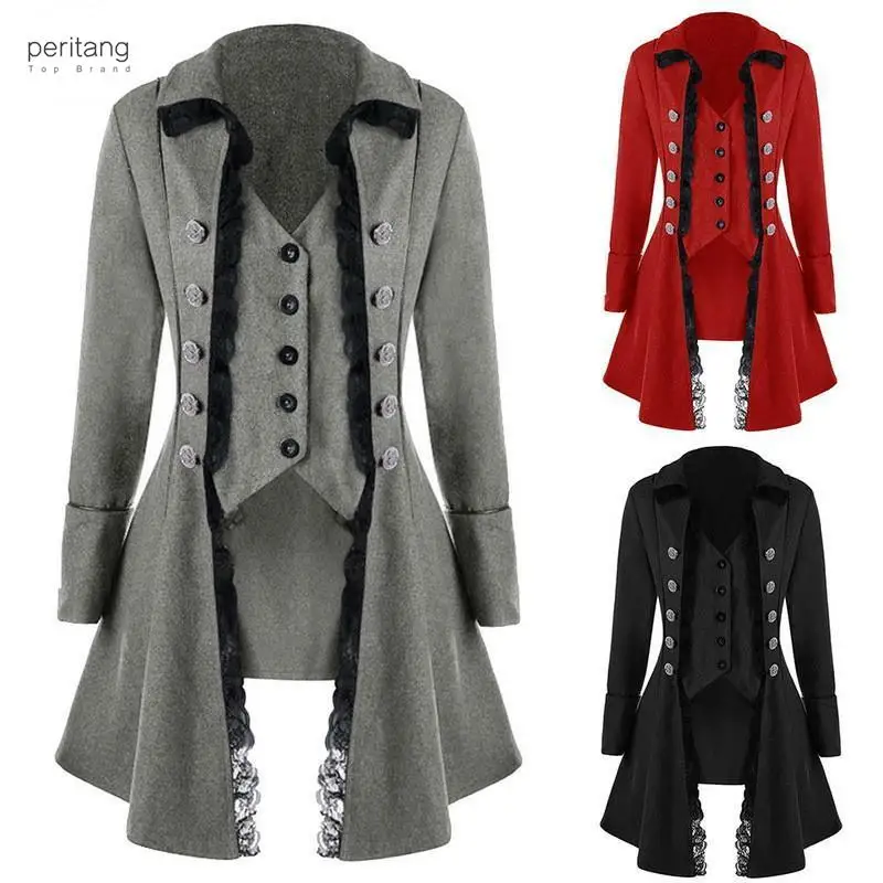 Autumn Winter Women Trim Long Medieval Jacket Gothic Lady Cosplay Solid Long Sleeve Three-Breasted Irregular Tops