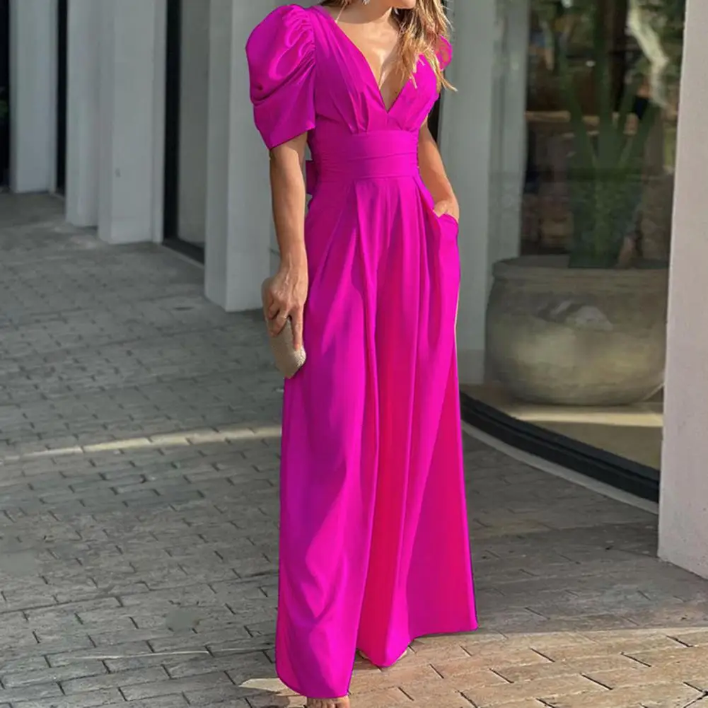 Women Jumpsuit Elegant Puff Sleeve V-Neck Hollowed Waist Tie Solid Wide Leg Pants Long Slacks Women Rompers Party Clubwear