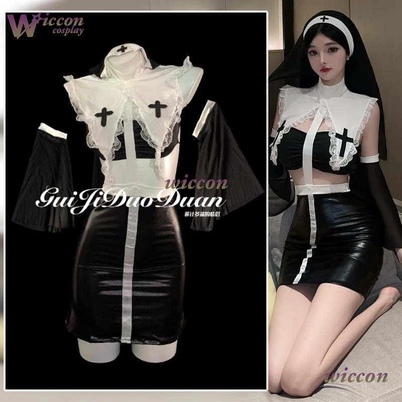 

2025 New Christmas Cosplay Nun Suit Leather Coat Pu Dress Dark Lolita Sexy Wear Uniform Xmas Gift Girls Woman Halloween Cos