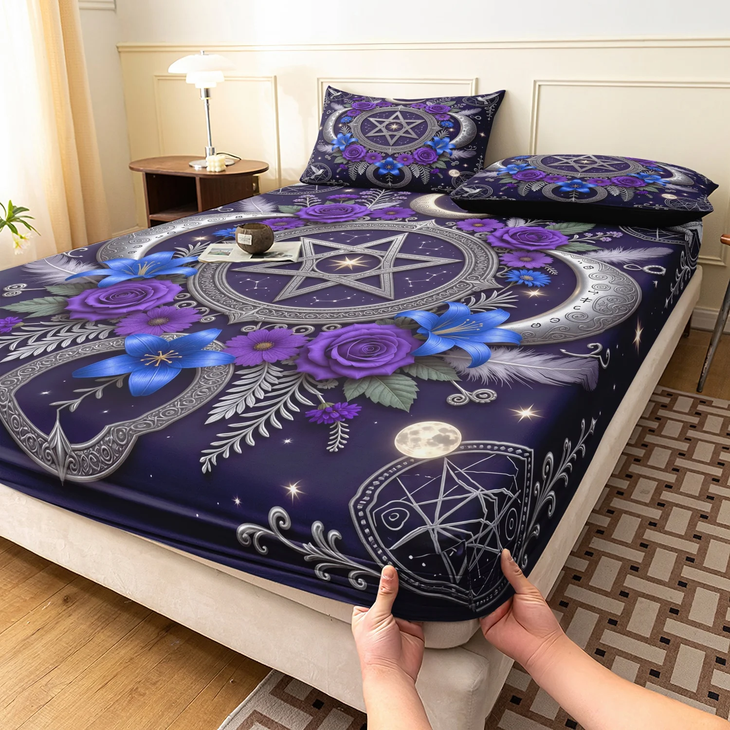 3Pcs Pentagram Moon Floral Print Fitted Sheet Set, Purple Star Rose Lily Bird Celestial Printed Bedding,Multiple Sizes Available