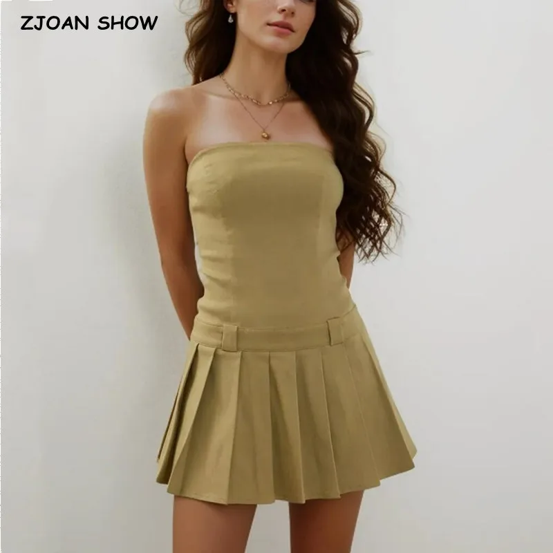 2024 Sexy Strapless Croset Style Mini Dress Safari Women Slim Low Waist A line Pleated Hem Tube top Party Robe Khaki Gray