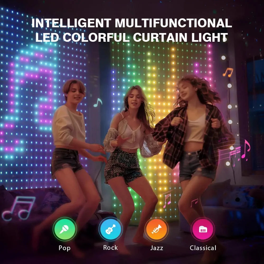 400 LED 스마트 커튼 조명 RGB 페어리 라이트 스트링 블루투스 앱 제어 DIY 음악 변경 휴일 방 창문 장식