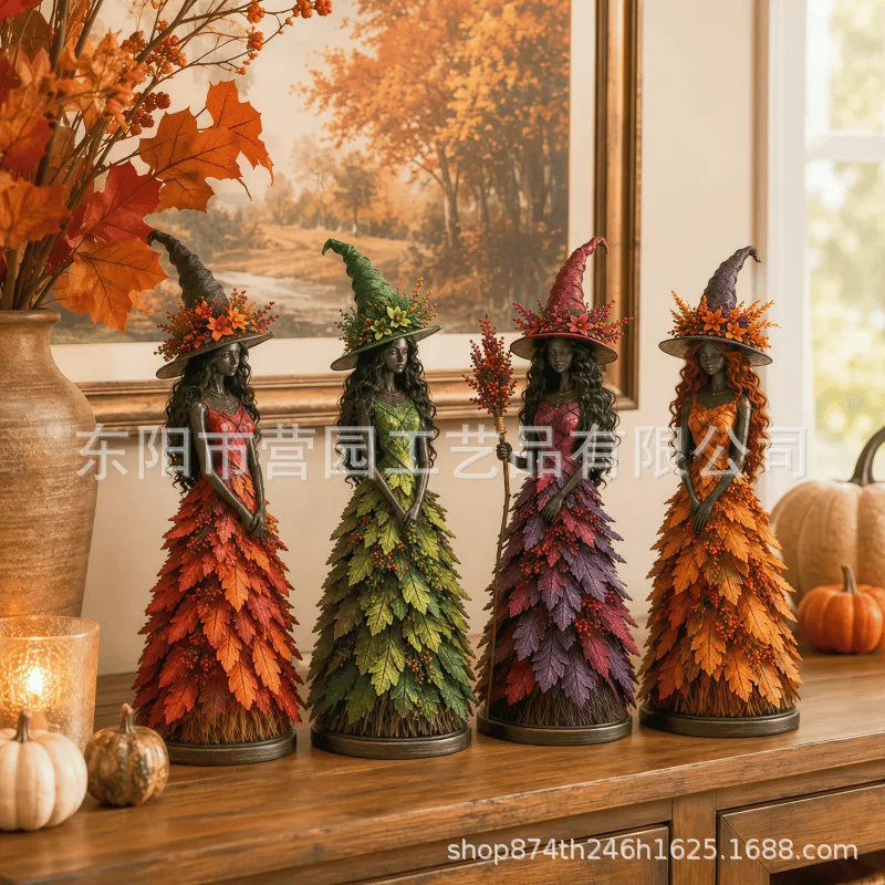 Autumn Leaf Witch Resin Figurine Fall Harvest Witch Tabletop Statue Cottagecore Halloween Thanksgiving Home Decor Ornament