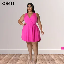 Casual All-match Women Dresses Pleated Plus Size Sweet Pink Sleeveless Tank Dress Mini Length V Neck Sexy Wholesale Dropshipping