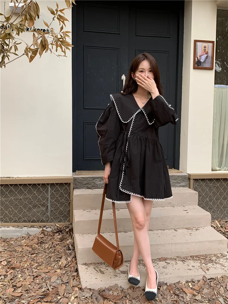 CHEERART Black Lantern Sleeve Fall Dresses For Women 2022 Contrast Stitch Long Sleeve Mini A Line Dress Autumn Clothes