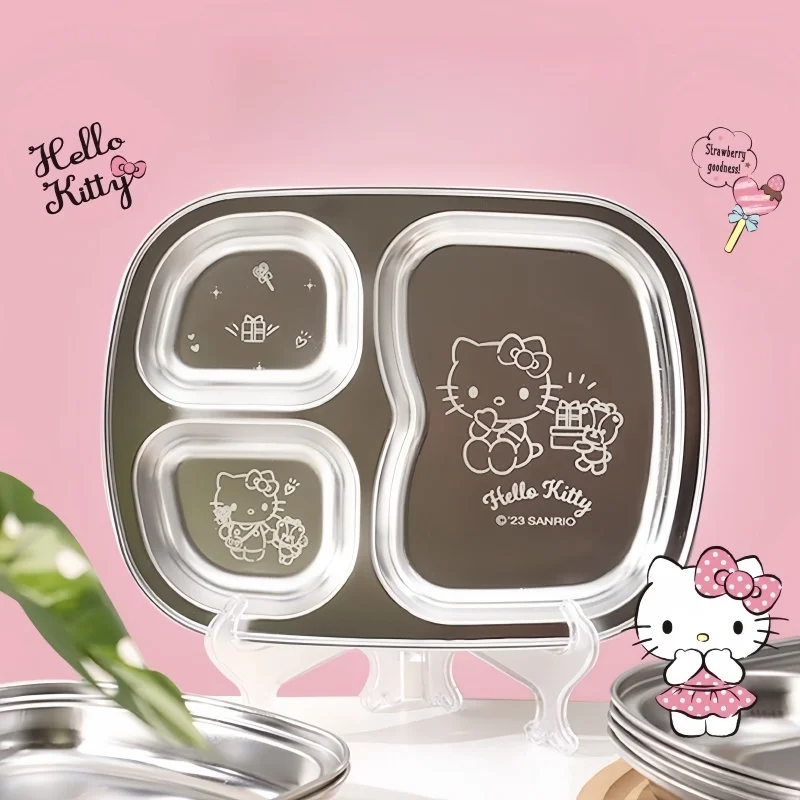 

Hello Kitty Dining Plate Anime 304 Stainles Steel Multi Grid Food Fruit Plate Children's Cutlery Cartoon Cute Service Plate