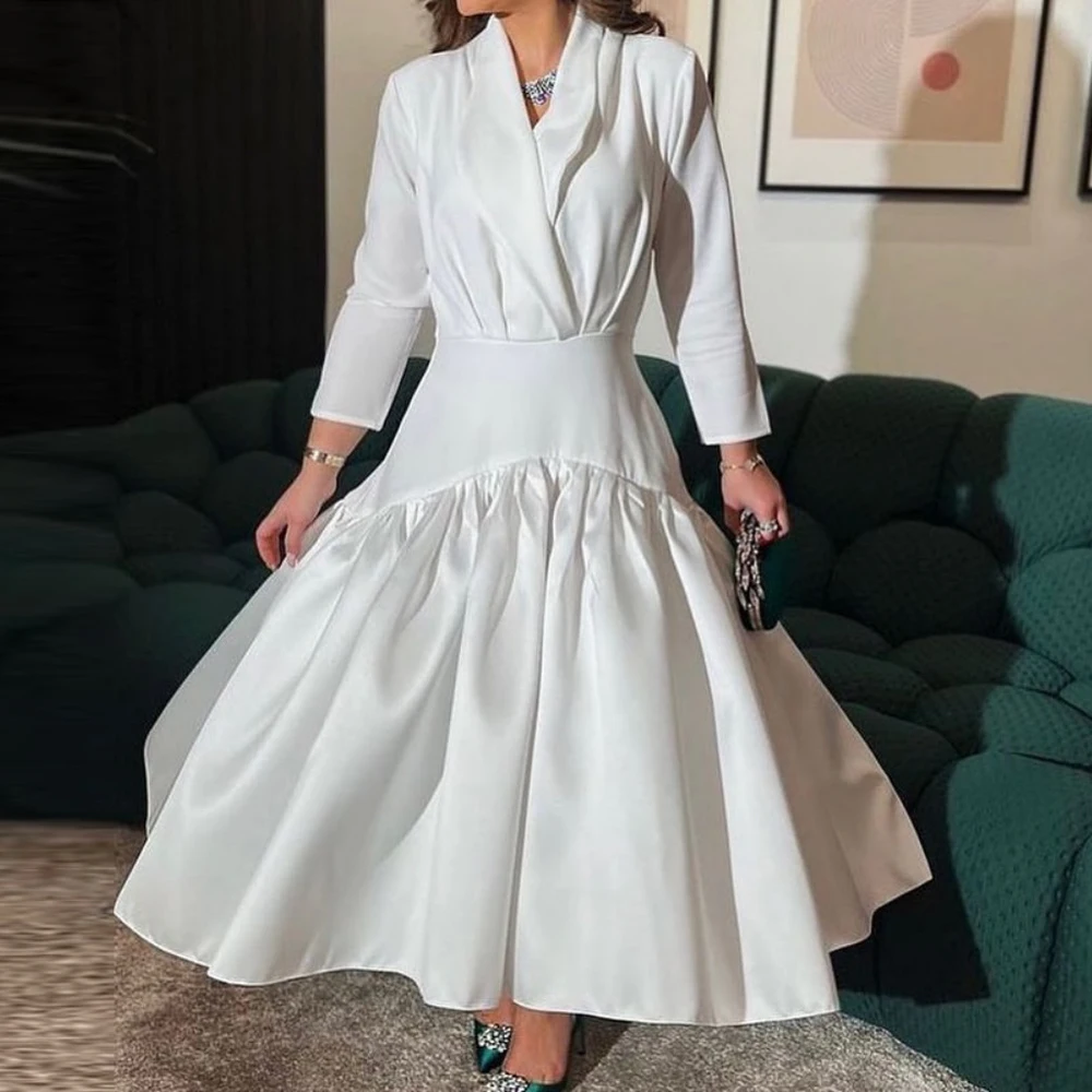 

V-neck Ankle Length White Satin Dress Ruffled Long Sleeve Prom Dresse Elegant Office Ladies Casual Woman Clothes Soft Event Gown