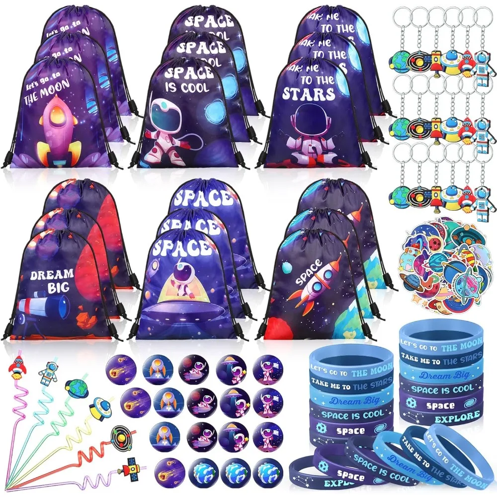 

140 Pcs Space Party Favors Galaxy Theme Supplies Drawstring Backpack Bracelet Keychains Pin Badges Stickers for Birthday