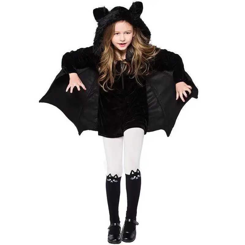 Girl Black Bat Cuff With Hat and Cape Costume, Sshort Black Vampire Suitable for Cosplay Halloween Party