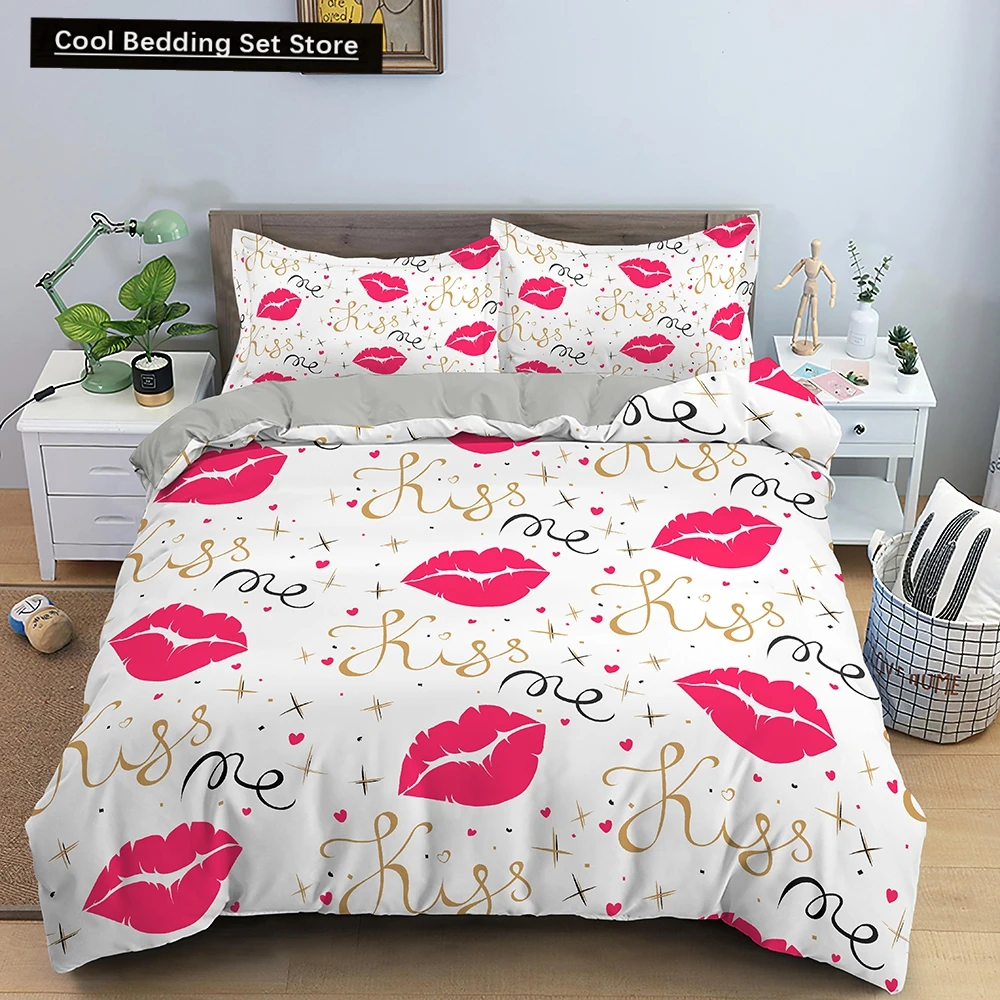 

Kiss Sexy Lips King Queen Duvet Cover Red Mouth Bedding Set for Girl Modern Fashion Quilt Cover 2/3pcs Polyester Comforter Cover