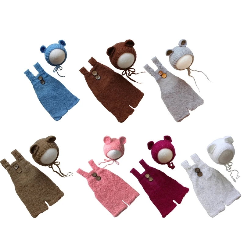 

N80C Newborn Photo Set Bear Hat Crochet Suspender Romper Photo Props Baby Animal Costume Infant Photography Suit