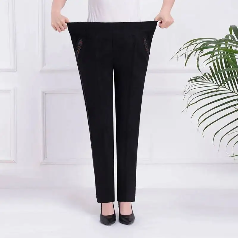 

Middle Aged Women Trousers 2025 Spring Autumn Elegant High Waist CasualLadies Fashion All Match Embroidery Straight Pants
