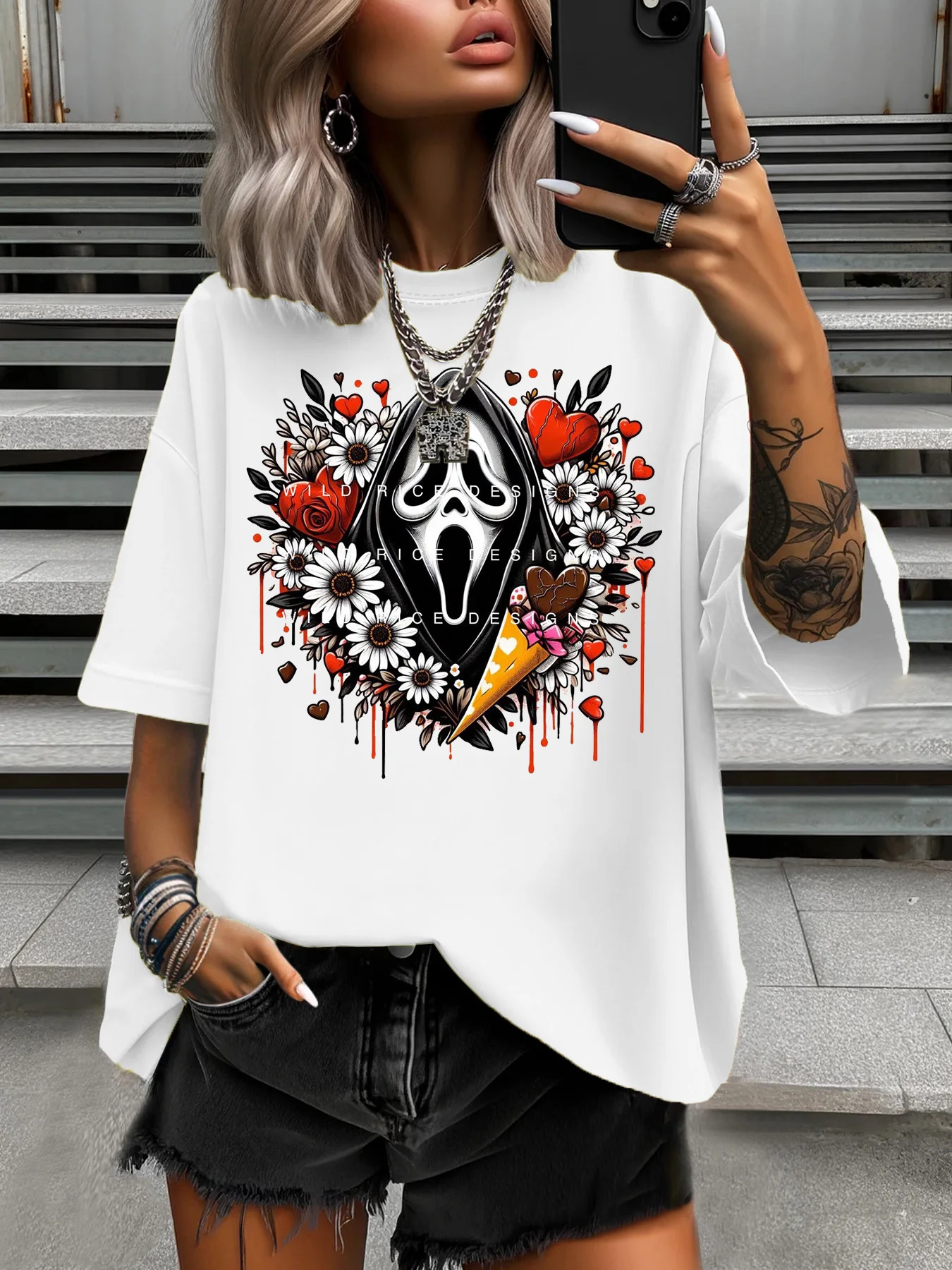 

Summer Women's Plus Size T-Shirt Original Design Fashion Colorful Flower Skull Print Women's Casual Crew Neck Short Sleeved Tops