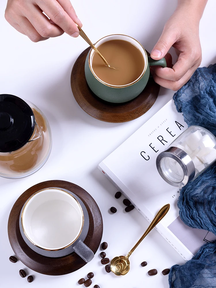 Creative Espresso Cup with Lid Spoon, Ceramic Cups, Rough Mugs, Coffee Cups and Saucer Set, Home Afternoon Tea Cups, European