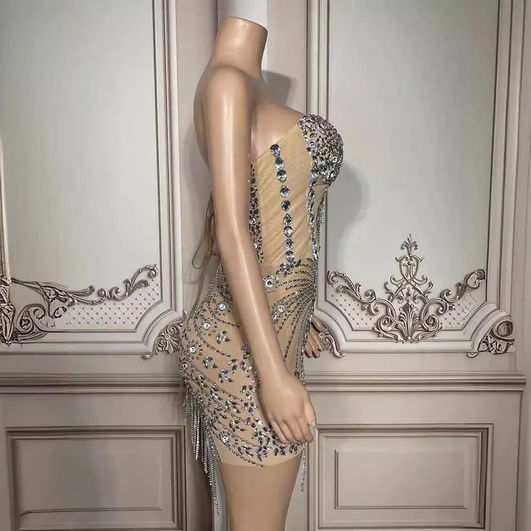 Elegant Rhinestone Birthday Party Stage Performance Dress Sparkling Diamond Mini Evening Gown Glam Prom Dress for Ladies Vestito