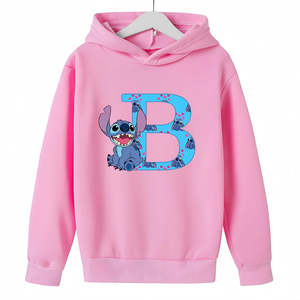 Sudaderas con capucha para niños y niñas, suéter de Manga con dibujos animados de Anime, ropa informal, Tops de moda Kawaii, letras Stitch, Rosa