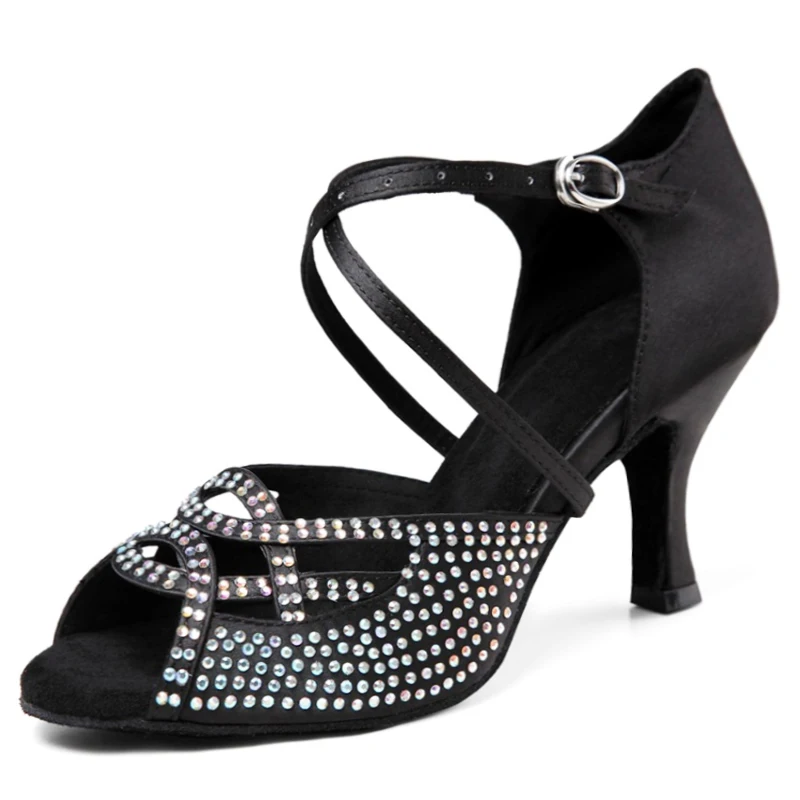 New Latin Dance Shoes Salsa Tango Ballroom Party High Heel Rhinestone Skin Black Girls Summer Sandals Outdoor Women\'s Shoes