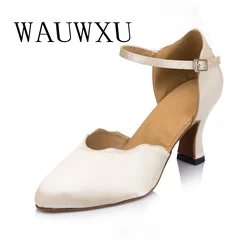 NATASHA2023 Women's Adult Medium Heel 7.0 Off White Satin Friendship Dance Soft Sole Dance Shoes