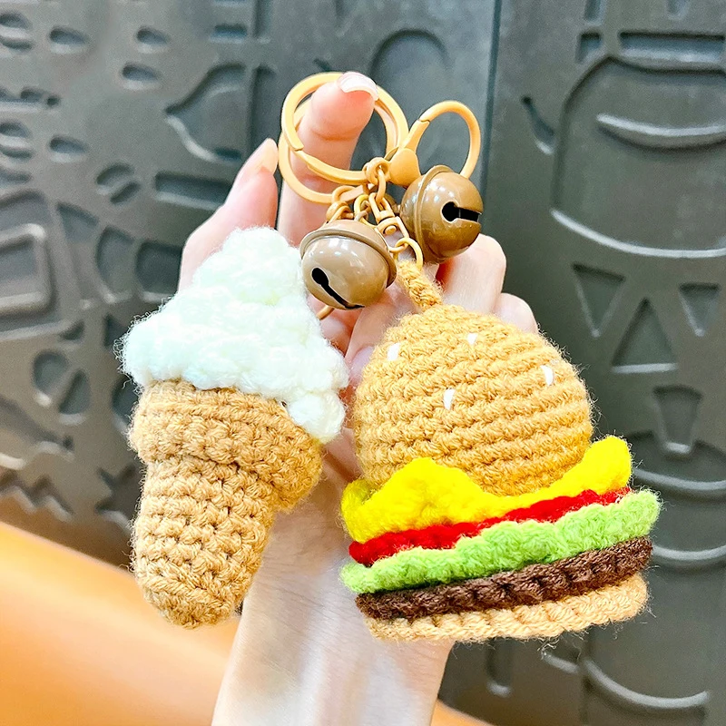 LLavero de peluche creativo de punto para hamburguesa y Coca-Cola, colgante de hilo bonito, patatas fritas, pollo frito, pierna, helado, comida, llavero, bolsa de estudiante, regalo